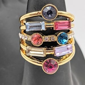 LOWER PRICE, NWOT, Multi-Colored Crystals set in a Gold Tone Ring, NWOT